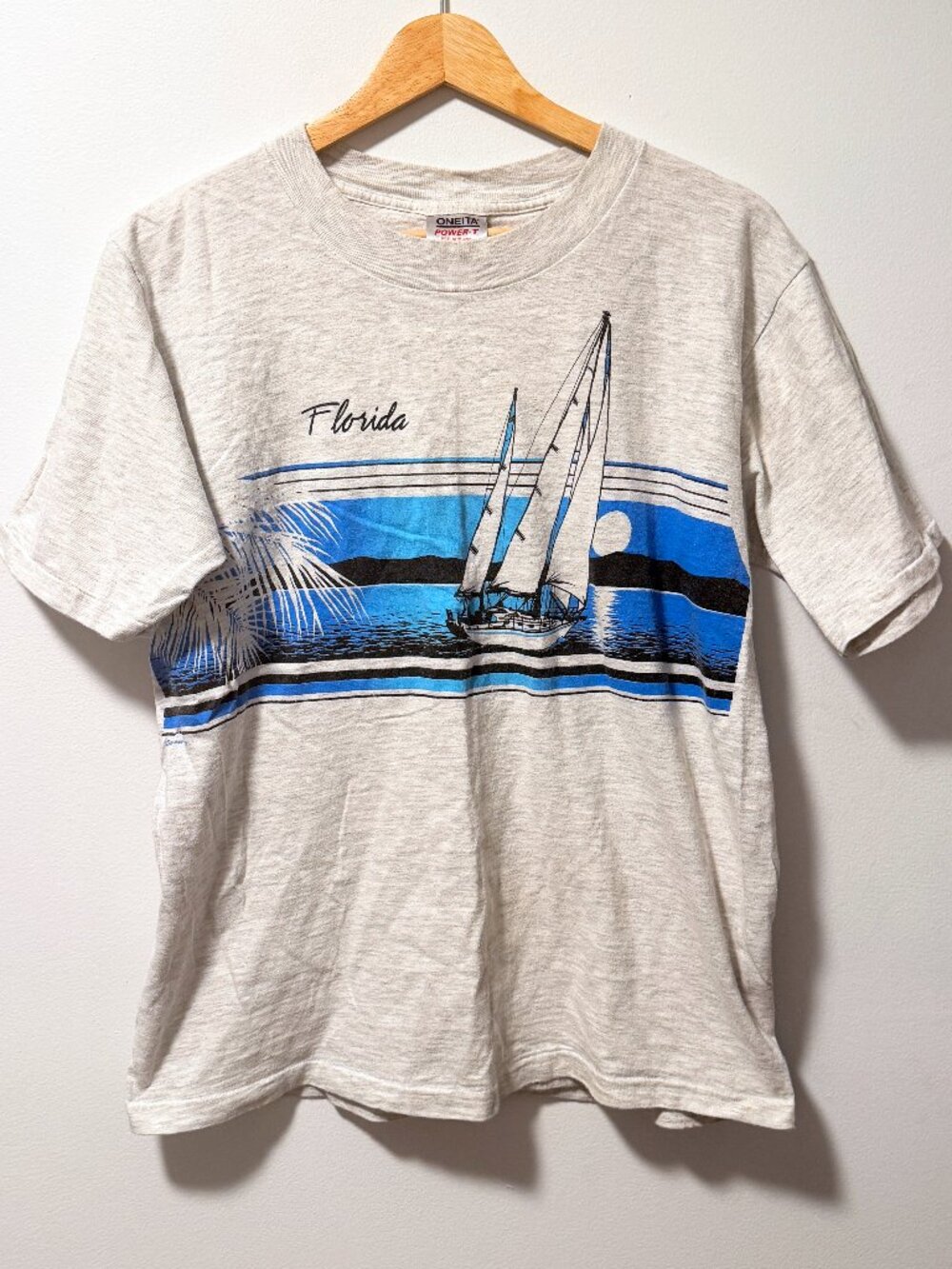 Oneita T Shirt Florida Vintage 90s Sailboat Graphic Mens L Gray Single Stitch US